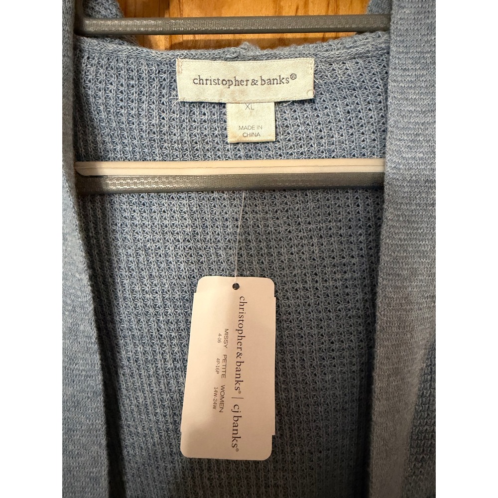 Christopher & Banks Women's XL Blue Waffle Knit Hooded Open Front Cardigan - Picture 5 of 8